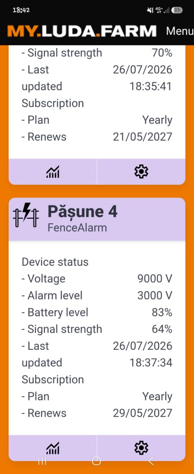 Interfața reală MY.LUDA.FARM pentru FenceAlarm